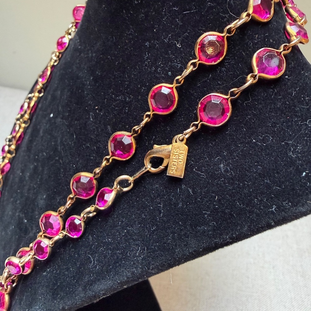 Long Pink and Gold Crystal Necklace By Two Sisters - Picture 3 of 6